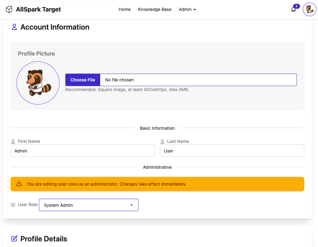 User profile editing with avatar upload